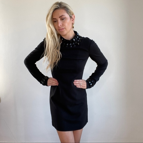 Trina Turk Black Jeweled Neck Long Sleeve Dress size 4 - Picture 10 of 11